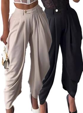 M80802跨境新款欧美外贸女装花苞裤纯色性感都市休闲阔腿时尚九分