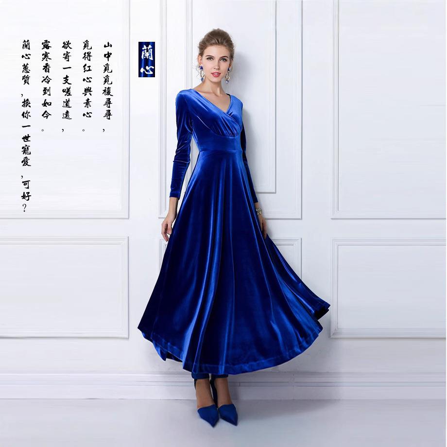 大码女装欧美外贸长袖V领长款大摆拖地金丝绒长裙连衣裙