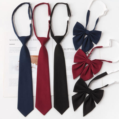 免打拉链款学院风酒红色纯色领带