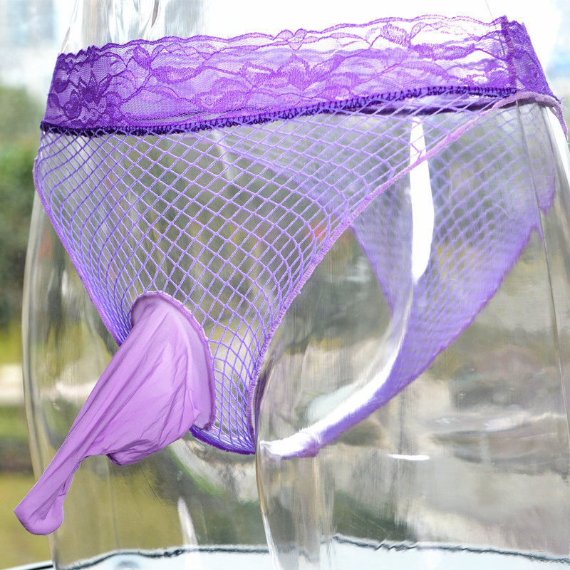 男士蕾丝性感jj套冰丝网袜三角裤镂空透明丝滑网眼透气内裤丝袜套