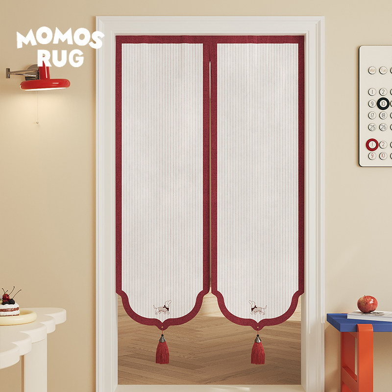 momosrug素色条纹门帘带穗遮挡帘厨房防油烟半帘卧室免打孔隔断帘