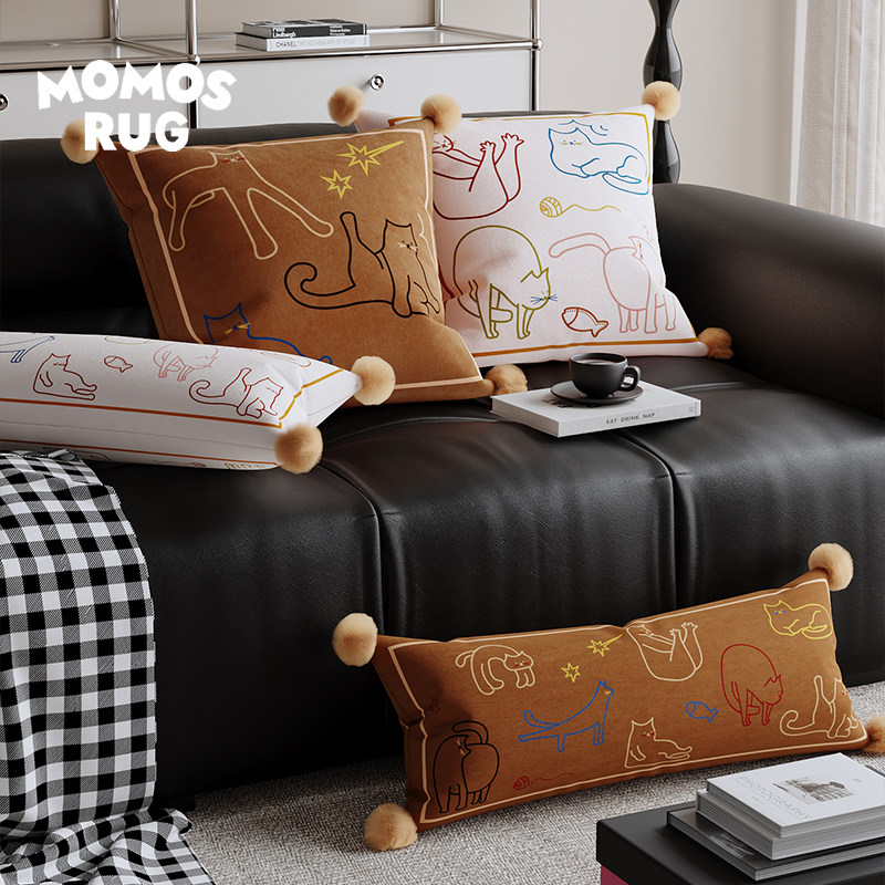线条萌猫沙发抱枕腰枕靠背垫办公室简约卡通百搭家用车载午睡枕套