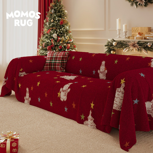 圣诞雪翁沙发巾四季通用卡通牛奶毛绒 ins风全包沙发盖布套罩巾