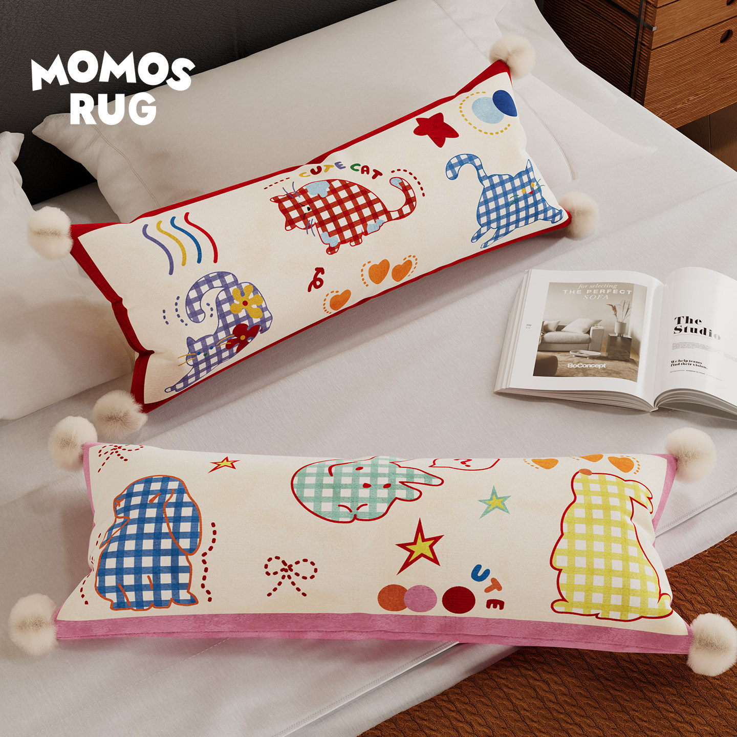 彩格招财沙发抱枕长款靠背垫办公室简约卡通百搭车载午睡垫靠枕