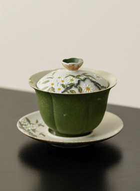 小青柑手绘莲瓣三才盖碗茶杯家用陶瓷功夫茶具泡茶碗文人茶器