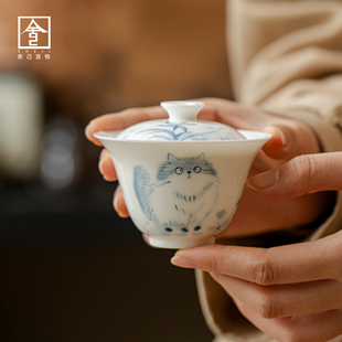 白瓷盖碗玉泥加菲猫圆逸盖碗茶杯泡茶碗不烫手可悬停茶碗女士小众