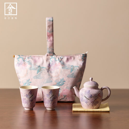 2025新款油画紫手绘翩翩蝶舞手捏茶壶套组家用旅行茶具送朋友闺蜜