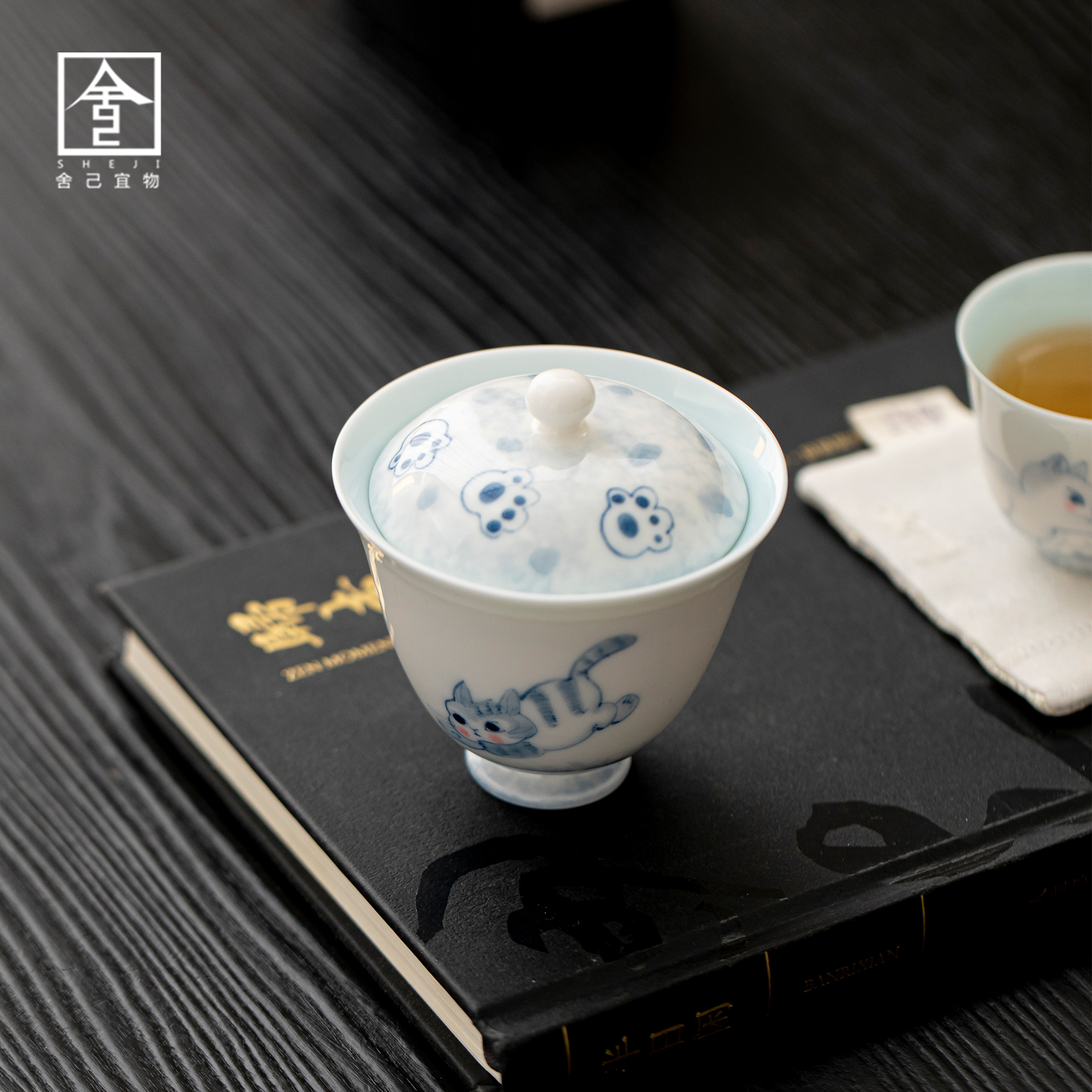 玉泥-手绘猫趣-官帽盖碗