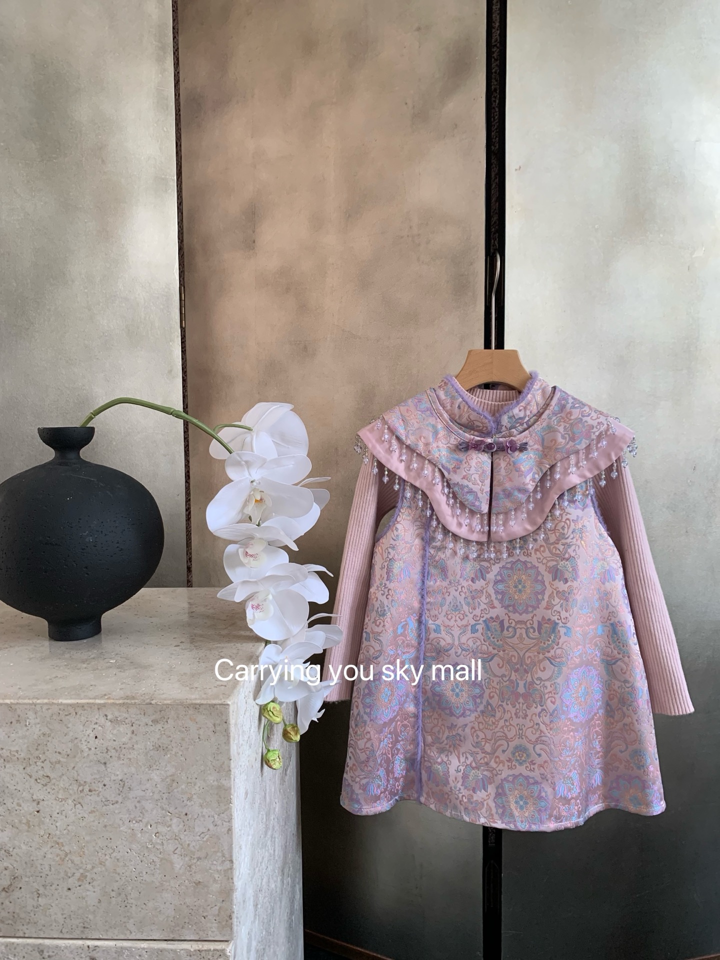 天空之城女童国风新中式旗袍连衣裙25秋冬儿童紫色提花缎面马甲裙