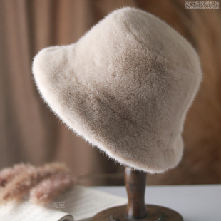 仿皮草貂毛帽子女秋冬季 加厚保暖渔夫帽盆帽柔软毛茸茸护耳保暖帽