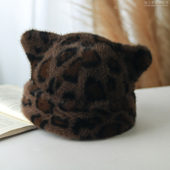 帽子女冬季 豹纹毛绒渔夫帽欧美辣妹风潮保暖护耳可爱盆帽小猫耳朵