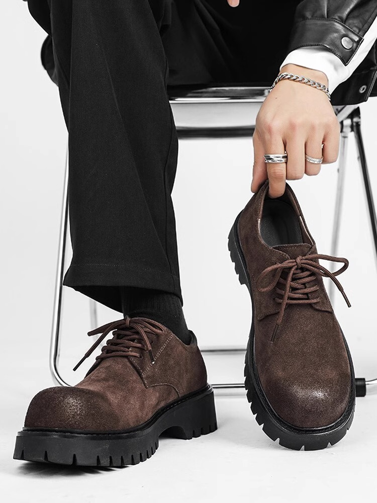 潮牌真皮马丁靴男款低帮英伦覆古厚底大头德比鞋翻毛皮增高工装鞋