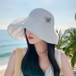 網紗遮陽漁夫帽子女夏甜美優雅立體蝴蝶結防曬空頂帽海邊出游 韓版