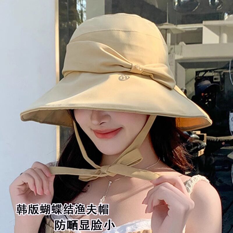 清新甜美蝴蝶结系带纯色渔夫帽女