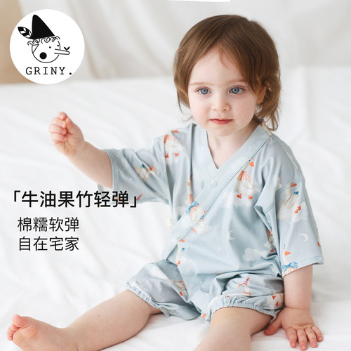 Griny婴儿印花连体衣弹力和尚服爬服和式宝宝衣服春夏哈衣牛油果