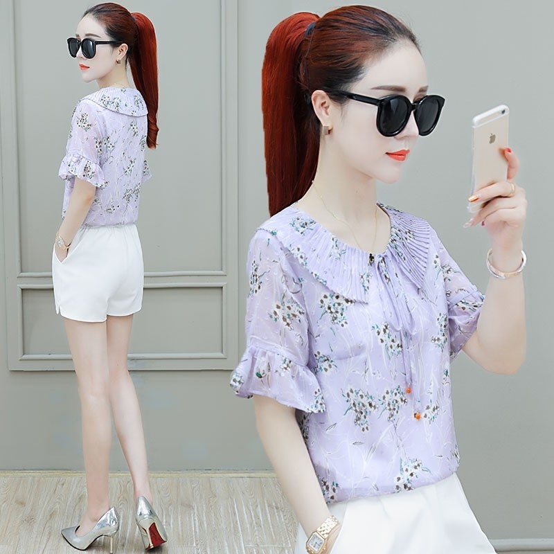 以纯官方旗舰店官网短袖雪纺衫女夏装2020年新款时尚洋气小衫甜美