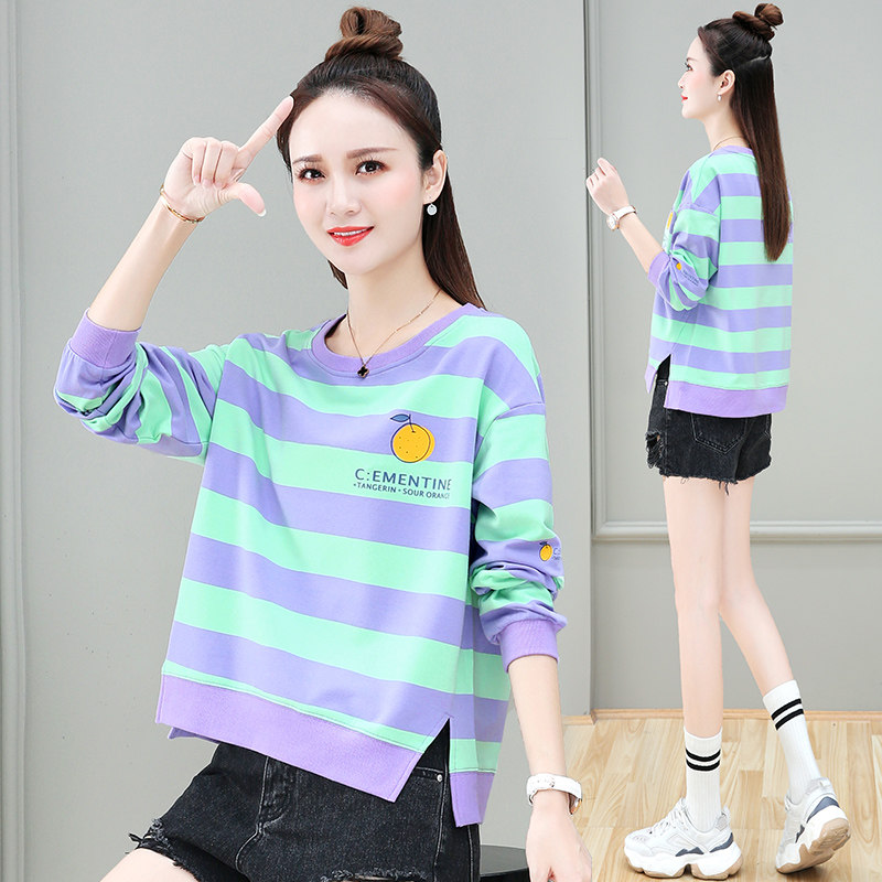 以纯官方旗舰店休闲套头卫衣女2020初秋新款条纹外套宽松上衣薄款