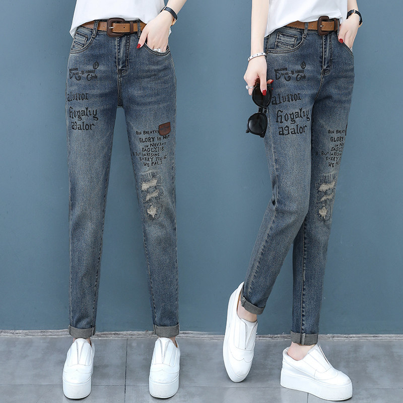 以纯官方旗舰店牛仔裤女长裤2020春秋新款破洞显瘦直筒高腰哈伦裤