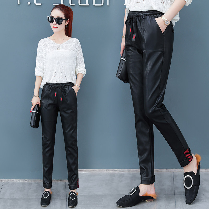 以纯官方旗舰店高腰PU皮裤女宽松哈伦裤2020秋冬新款外穿加绒女裤