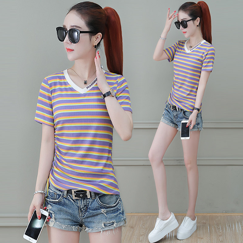 欧洲站紫色t恤短袖女短款修身上衣2020夏装新款学生百搭条纹以纯