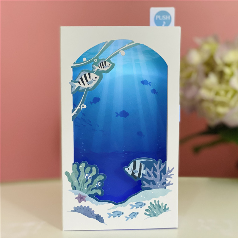 日本夏季海洋景色鱼灯光音乐生日万用毕业季送好友男友立体装饰卡