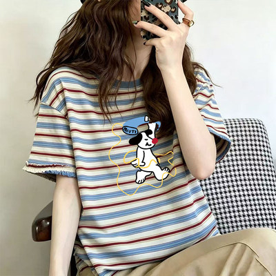 美式复古条纹印花短袖T恤女大码