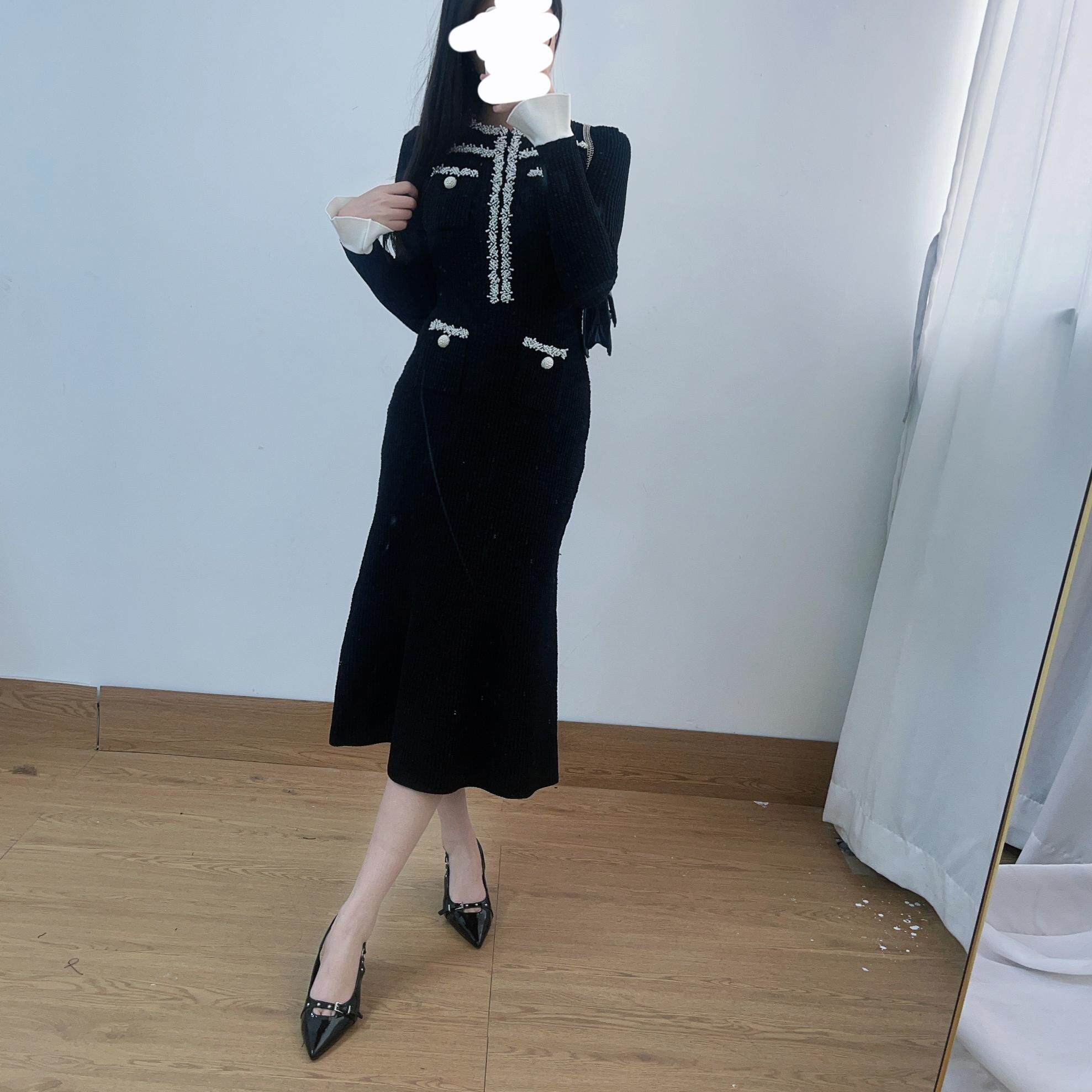 2025早春经典气质名媛中长款重工女法式千金风珍珠鱼尾针织连衣裙