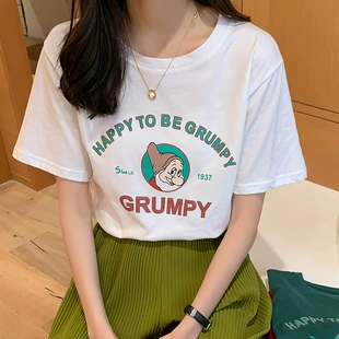 t恤女宽松纯棉半袖 2022年新款 女上衣体恤ins 夏季 卡通印花白色短袖
