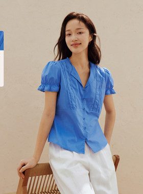 茵曼法式蕾丝V领泡泡袖衬衫2026夏女装新款拼接短袖短款上衣