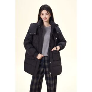 【羽绒服穿搭】茵曼冬季90鸭绒连帽羽绒服圆领百搭保暖中长款外套