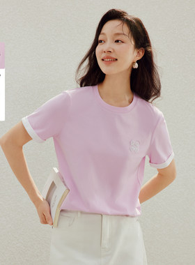 茵曼撞色翻袖圆领刺绣时尚T恤2026夏季女装新款简约宽松短袖上衣