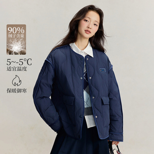 茵曼冬季学院风鸭绒羽绒服女时尚宽松休闲棒球服外套纯色轻薄羽绒