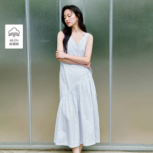 【一秒入夏】茵曼夏季设计感条纹无袖连衣裙女度假气质吊带连衣裙