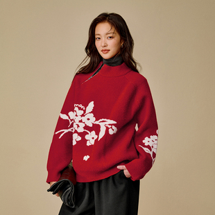 茵曼2025冬季女装新款新年红装红色花图案领宽松套头针织毛衣