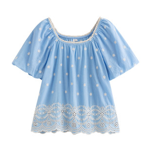 方领镂空钩花短袖 泡泡袖 衬衫 通勤时尚 纯棉衬衣 女2025夏季 茵曼法式