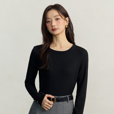 茵曼简约纯色百搭磨毛长袖T恤女2025秋冬款保暖显瘦打底衫