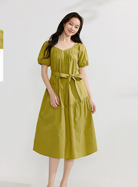 茵曼法式方领纯棉气质连衣裙2025夏季女装新款设计感高腰a字裙