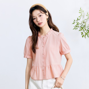 茵曼法式荷叶领收腰短袖衬衣女2025夏季温柔气质时尚别致纯棉衬衣