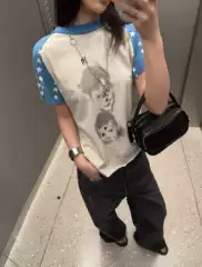 Erd Melancholic Rich Second Generation 26Ss down Syndrome Portrait Pentagram Print Splatter Embroidery Raglan Short Sleeves