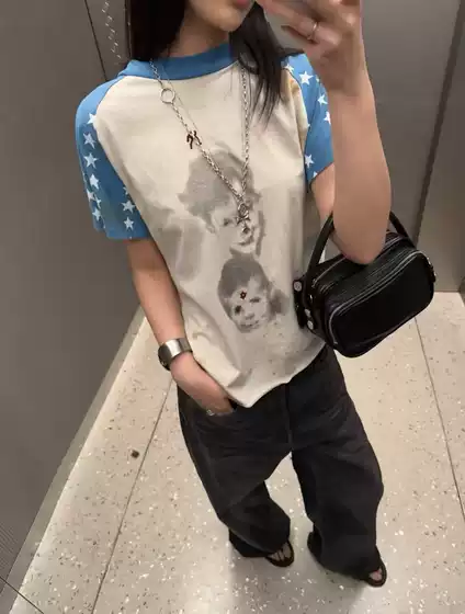 Erd Melancholic Rich Second Generation 26Ss down Syndrome Portrait Pentagram Print Splatter Embroidery Raglan Short Sleeves