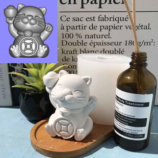 招财猫咪模具可爱小猫蜡烛硅胶磨具香薰立体动物卡通举手猫硅胶模