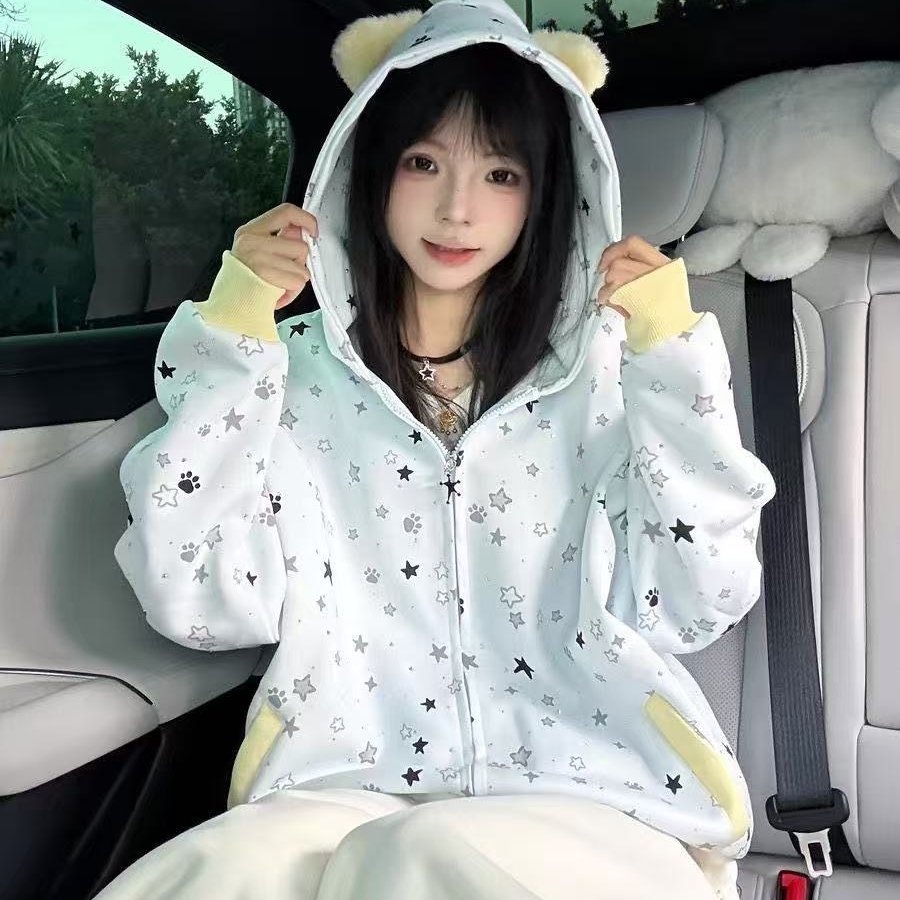 华棉复牛奶丝/真超毛绒耳朵满印星星卫衣女秋冬季宽松外套