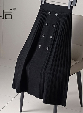 F2160 水晶麻加厚款针织百褶半身裙秋冬女中长款 2023新款A字裙