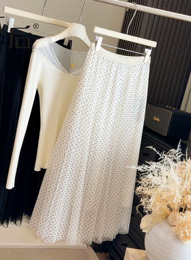 2102 波点网纱半身裙女早春2026新款气质a字垂感大摆中长裙纱裙