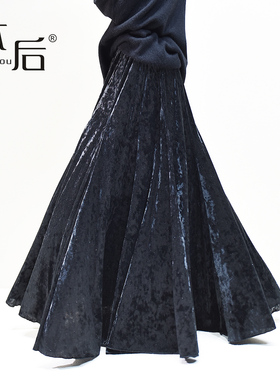 2610 重工大摆钻石绒丝绒a字半身裙冬女长裙子新中式伞裙压褶加长