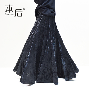 2610 伞裙压褶加长 重工大摆钻石绒丝绒a字半身裙冬女长裙子新中式