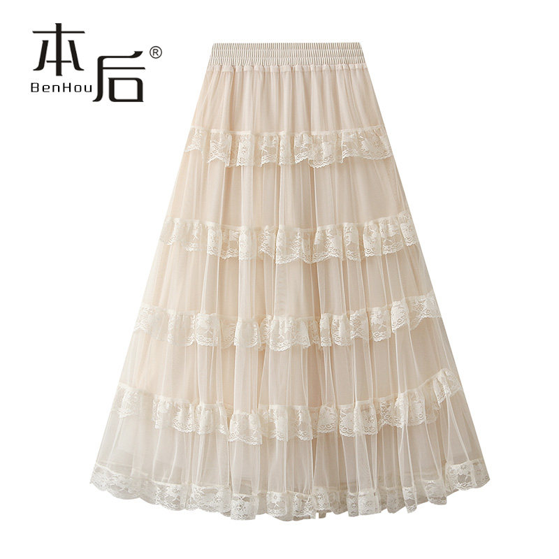 2533 蕾丝拼接网纱蛋糕裙半身裙春秋女中长款甜美松紧腰大摆A字裙