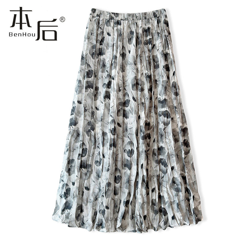2391 复古水墨碎花半身裙女中长款2025春夏新款高腰垂感褶皱a字裙