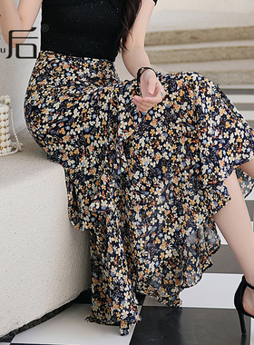 1270 雪纺荷叶边碎花半身裙夏女中长款高腰a字蛋糕半裙长裙鱼尾裙