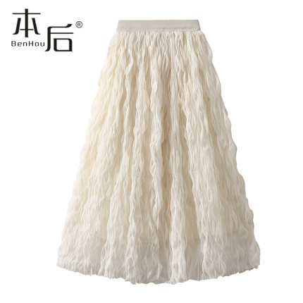 J895 微醺烫卷褶皱网纱半身裙春夏女中长款新款高腰a字裙简约纱裙